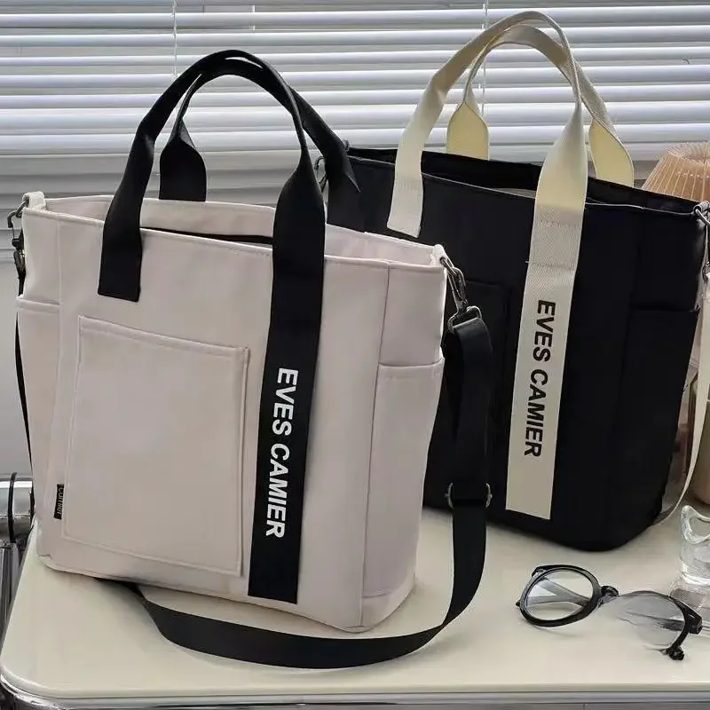 Casual Tote Large Capacity Shoulder Bag, Waterproof Nylon Canvas Handbag, Simple Fashion Messenger Bag for Schoolgirl