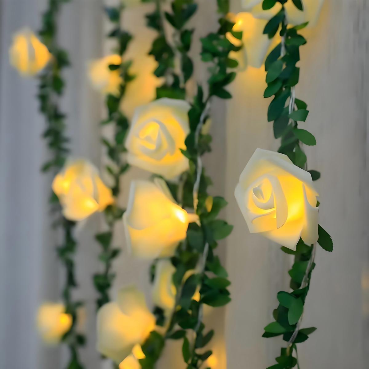 Battery Operated LED Rose String Lights, Christmas Decorations Artificial Ivy Garland for Weddings and Valentine's Day