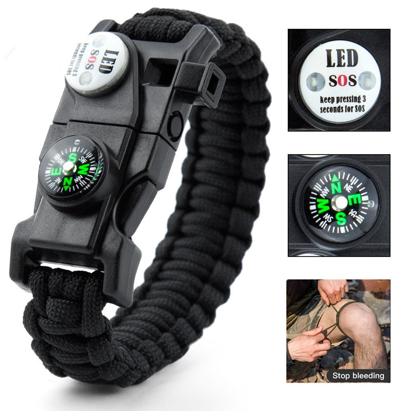 High Visibility Survival Bracelet with LED Light Compass and Whistle for Camping and Emergency Use