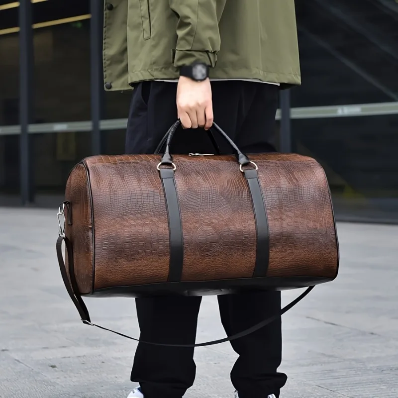 Large Capacity Crocodile Texture Travel Duffel Bag Retro Leather Style Weekender