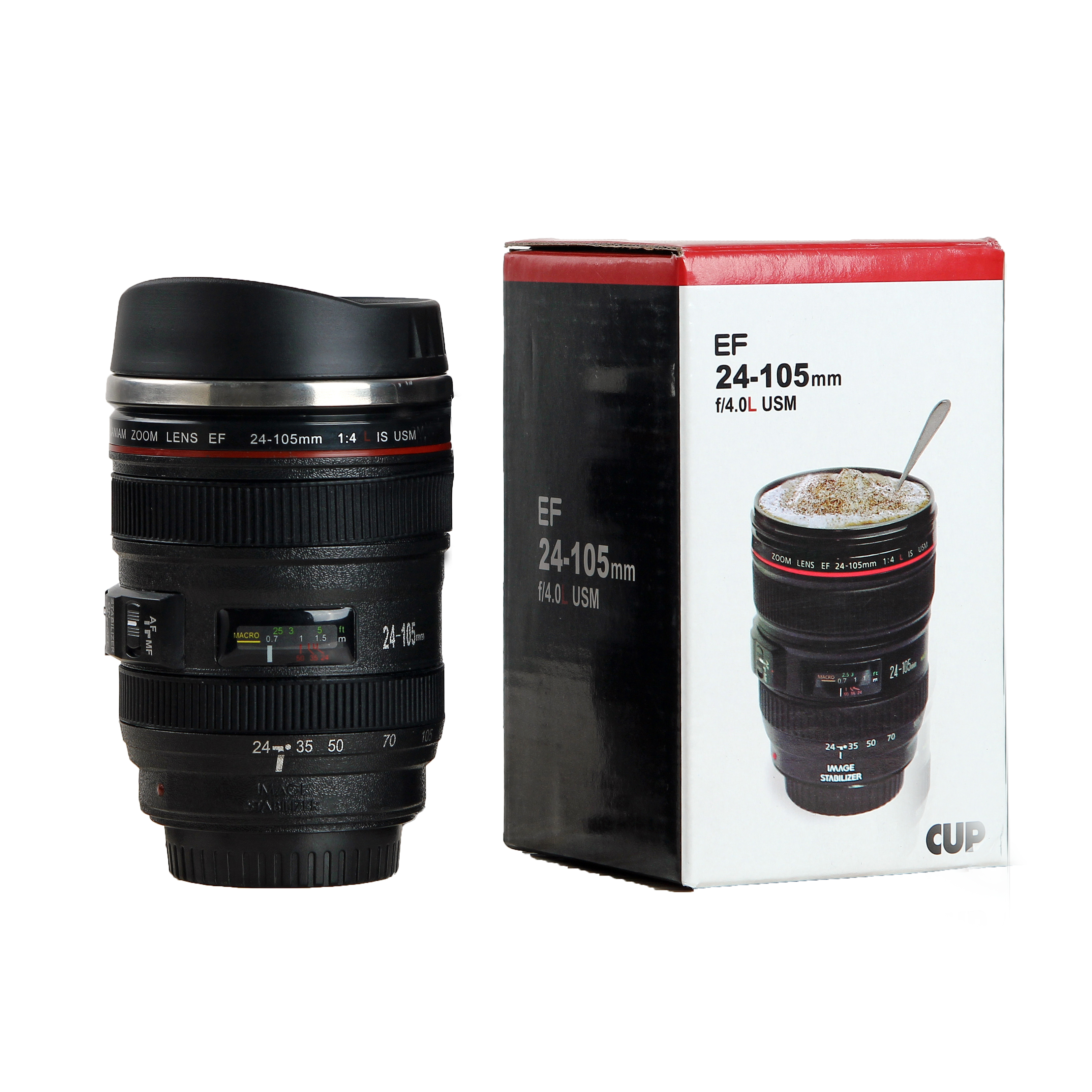 White and Black Camera Lens Mug - Stainless Steel EF24-105mm: Unique Coffee Cup Gift