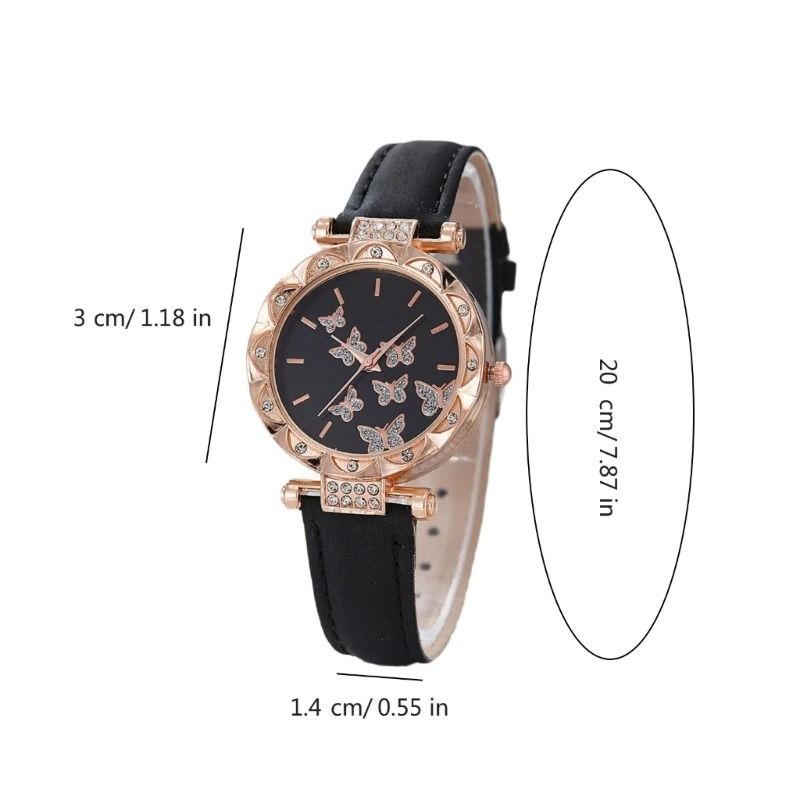 Butterfly Jewelry Set Fashion Women's Quartz Watch, Leather Band, Necklace, Earrings, Bracelet, and Adjustable Ring