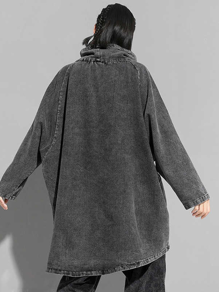 Loose Fit Black Denim High Collar Sweatshirt for Women, Spring & Autumn Fashion, Plus Size