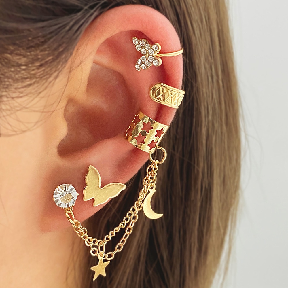 Gold Silver Leaves Clip Earrings: Creative C Butterfly Non-Piercing Ear Cuff Set - Trendy Women's Jewelry