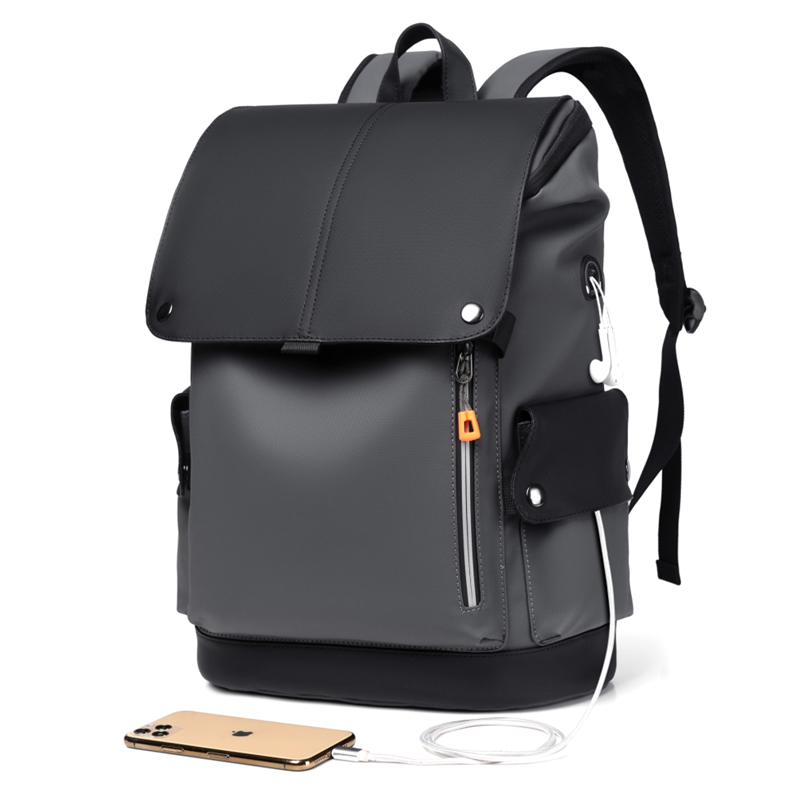 Waterproof PU Leather Mens Laptop Backpack with USB Charging