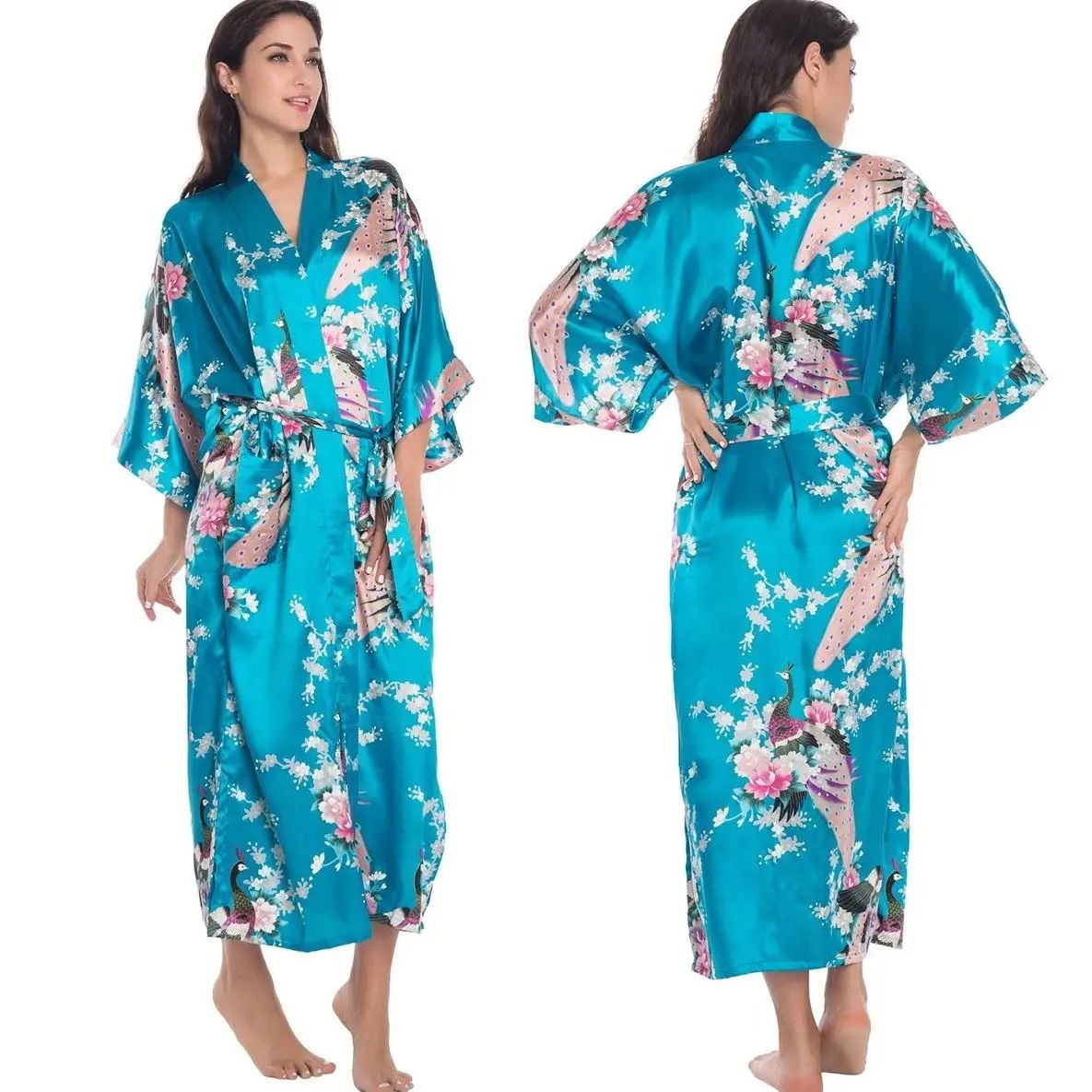 New Spring Summer Female Long Robe Set – Sexy Flower Print Kimono & Silk Satin Casual Lounge Wear
