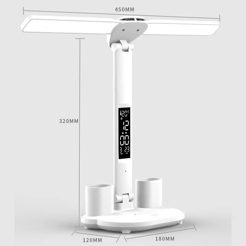 Double-Headed LED Table Lamp, Dimmable Desk Lamp with Calendar Clock, Foldable Eye Protection Reading Night Light