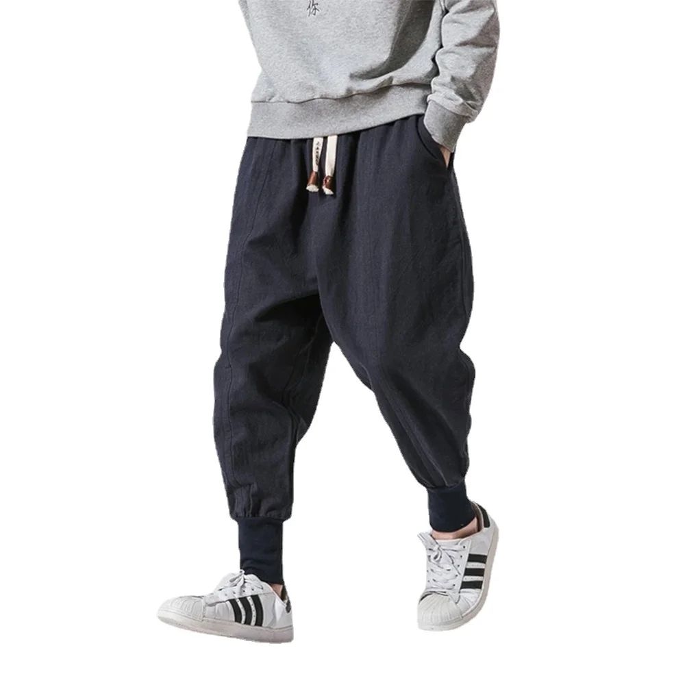 Men's Cotton Linen Harem Jogger Pants – Baggy Drop-Crotch Elastic Waist Casual Streetwear Trousers