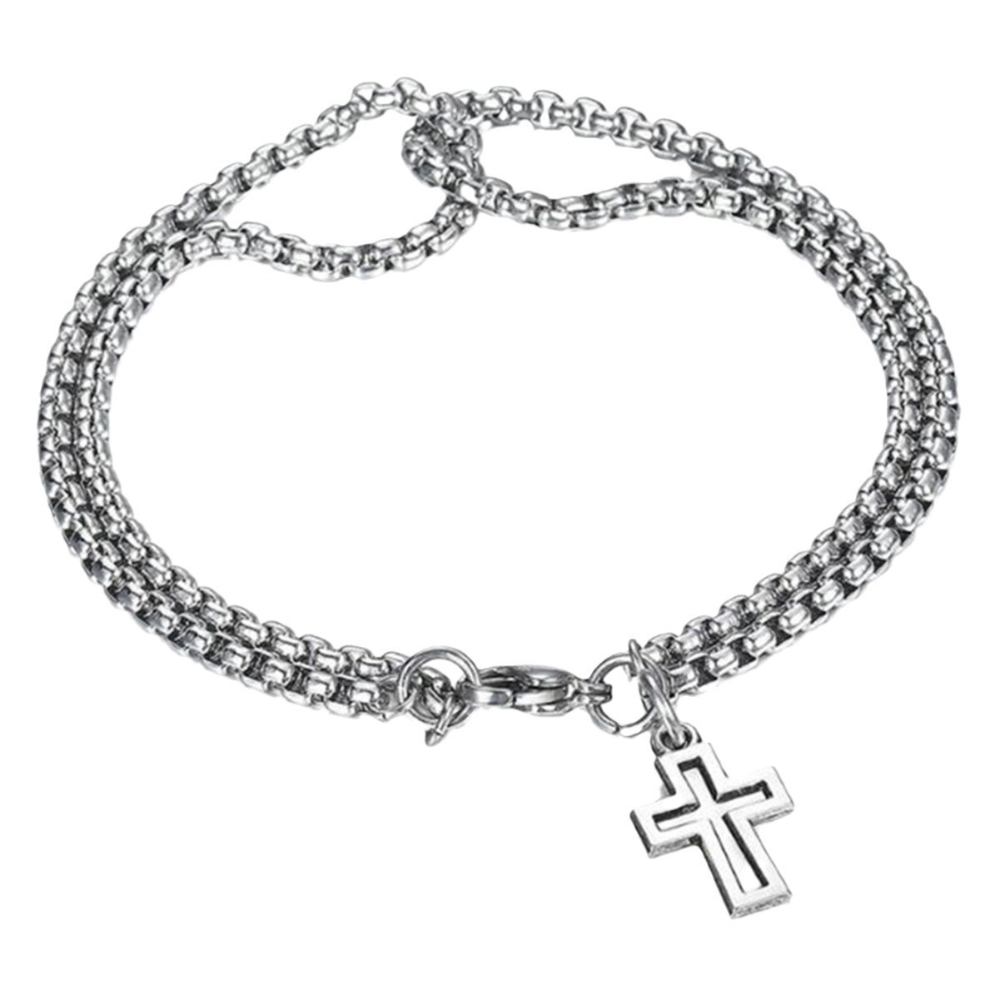 Punk Cross Hollow Wrist Bracelet Double Chain Stainless Steel Retro Jewelry for Men Women Lobster Claw Clasp
