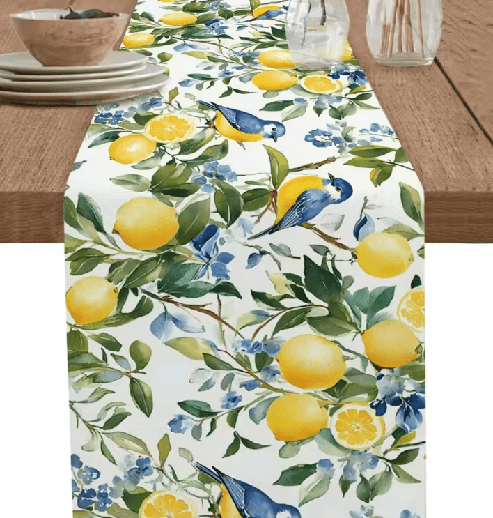 Vintage Lemon Tree Table Runner Blue Birds Linen Coastal Farmhouse Table Decor