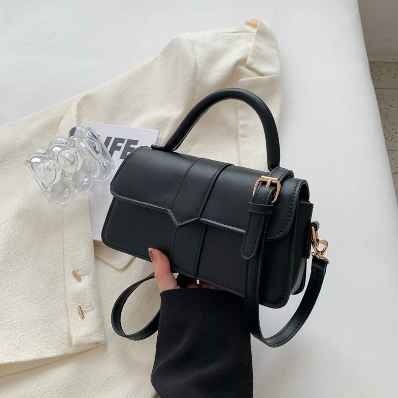 Vintage Square Black PU Leather Shoulder Bag for Women Fashion Crossbody Satchel