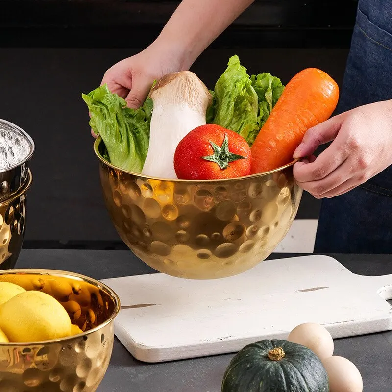 Creative Gold Stainless Steel Hammer Point Salad Plate, Mixing Cooking Bowl, Fruit Bowl, Egg Pot, Thickened Design
