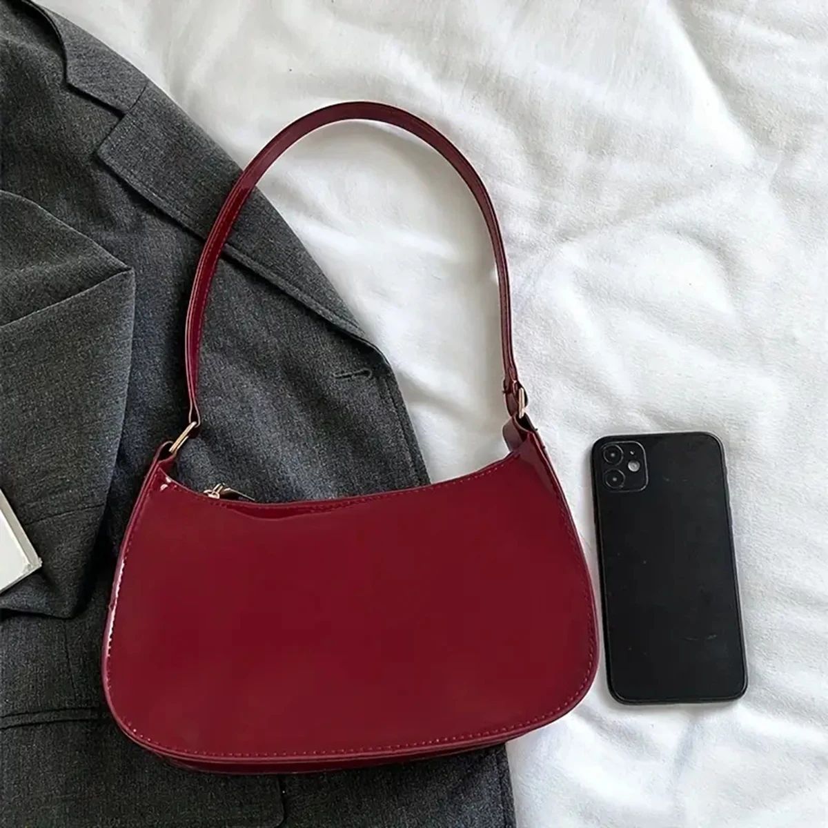 Luxury Retro Red Patent Leather Shoulder Bag – Chic Underarm Handbag & Small Baguette Purse for Women and Girls