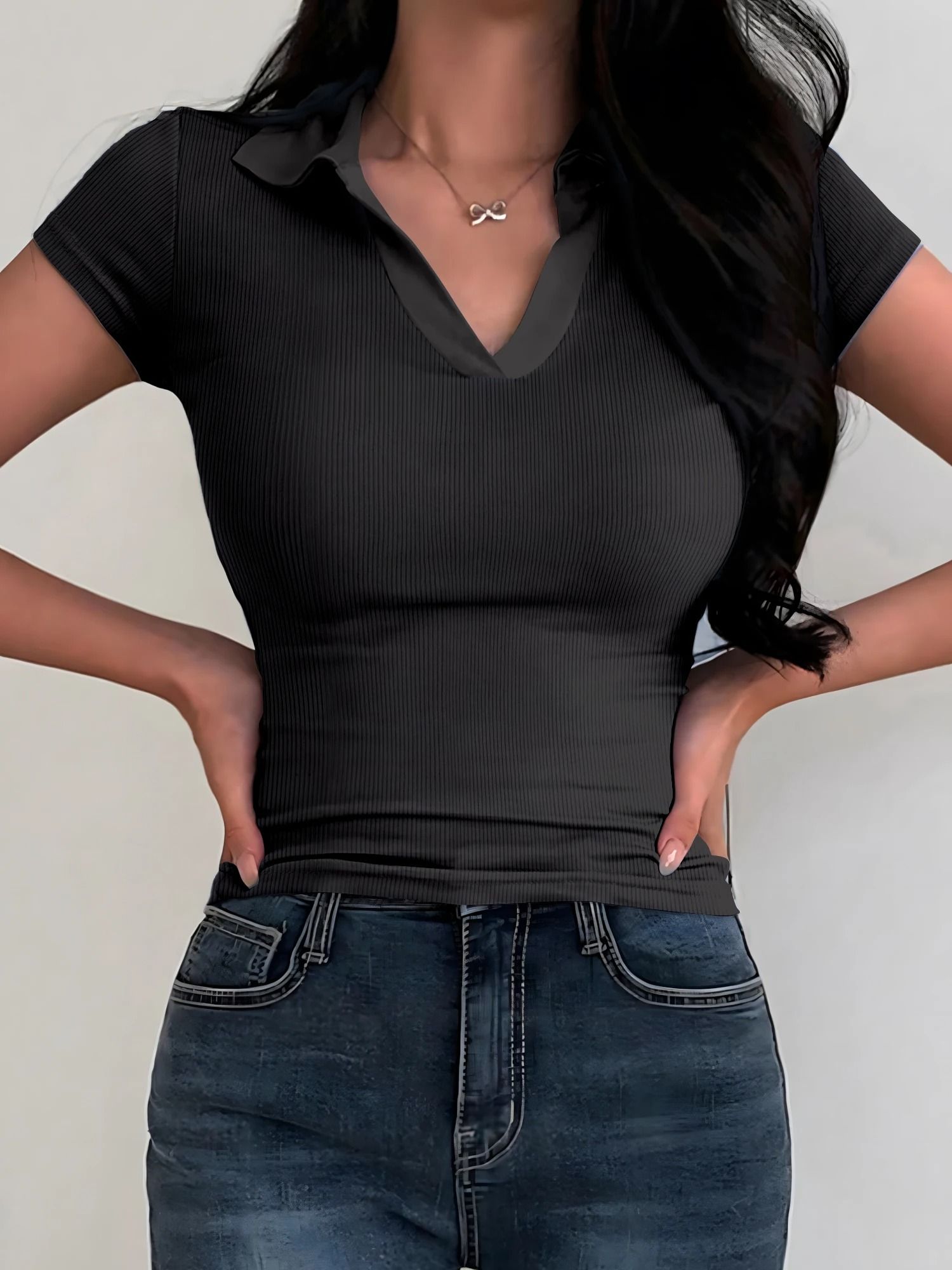 Womens Summer Color Block V Neck Polo Shirt