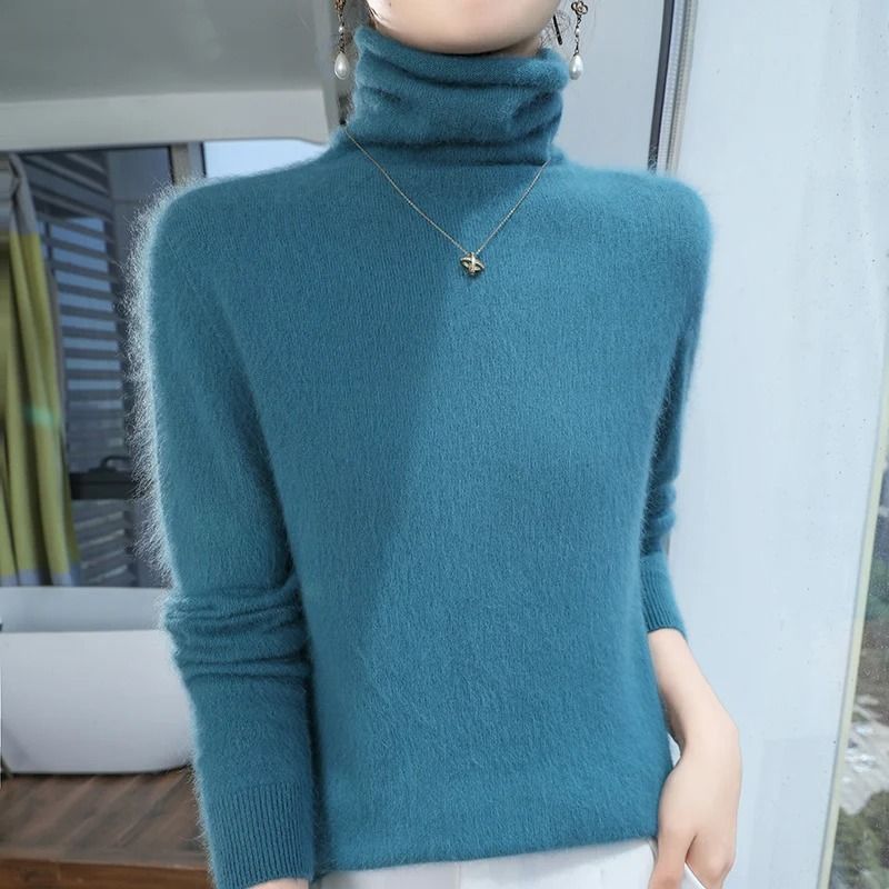 Womens Pure Mink Cashmere Sweater Slim Fit Pullover with Pile Collar Knitted Winter Top