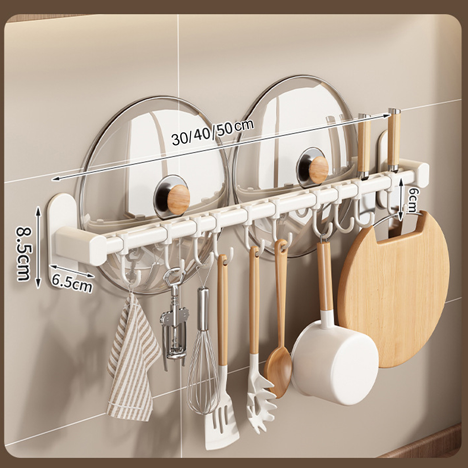Wall Mounted Kitchen Hook Rack, No-Punching Wall Hangers, Rail Kitchen Utensils Rack, Spoon Shovel, Chopping Board