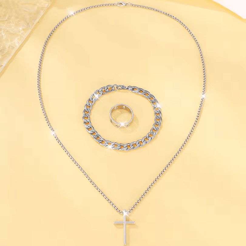 Mens 3-Piece mens jewelry set Alloy Cross Pendant Necklace, Bracelet and Ring Combo