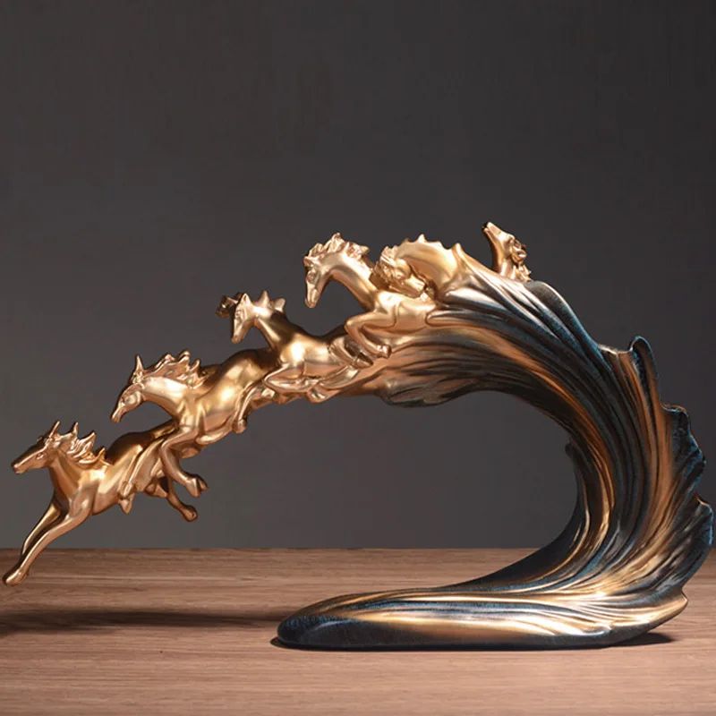 Golden Horse Statue Luxury Resin Sculpture Running Horses Decor for Home and Office
