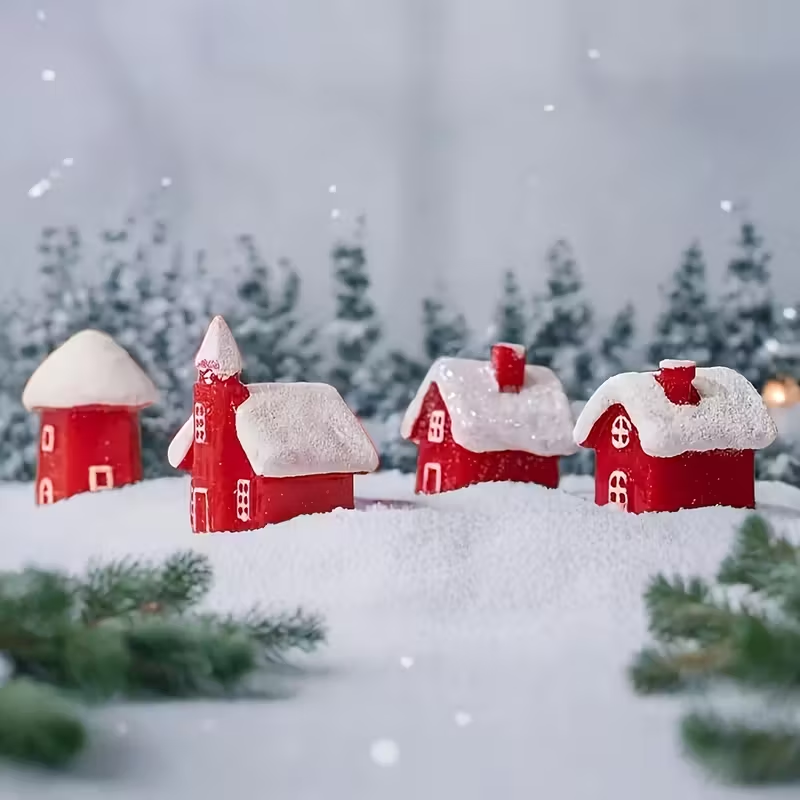 Resin Miniature Red House Christmas Home Decoration, Winter Village Snowy House Christmas, Ornament New Year Party