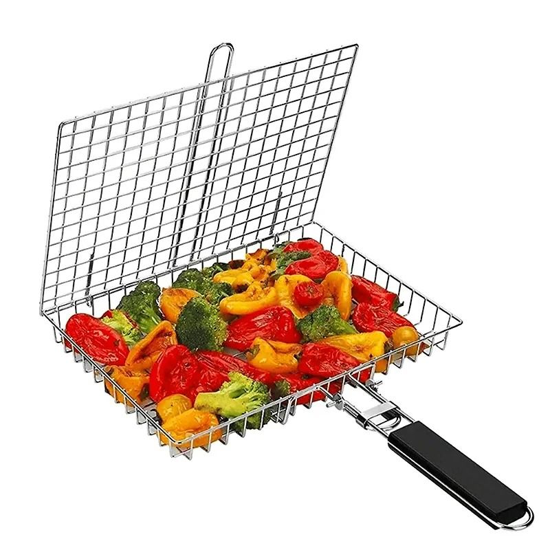 Foldable BBQ Grill Basket with Lid for Chicken Fish and Vegetables