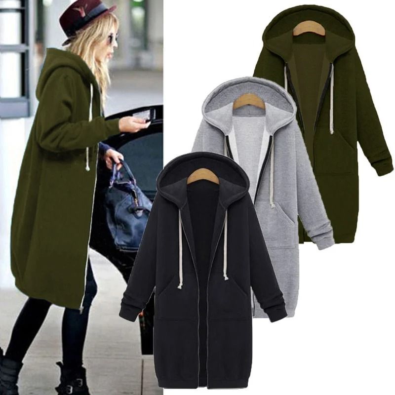 Womens Thick Hooded Maxi Jacket Parka Loose Zipper Pocket Sweatshirt Dress