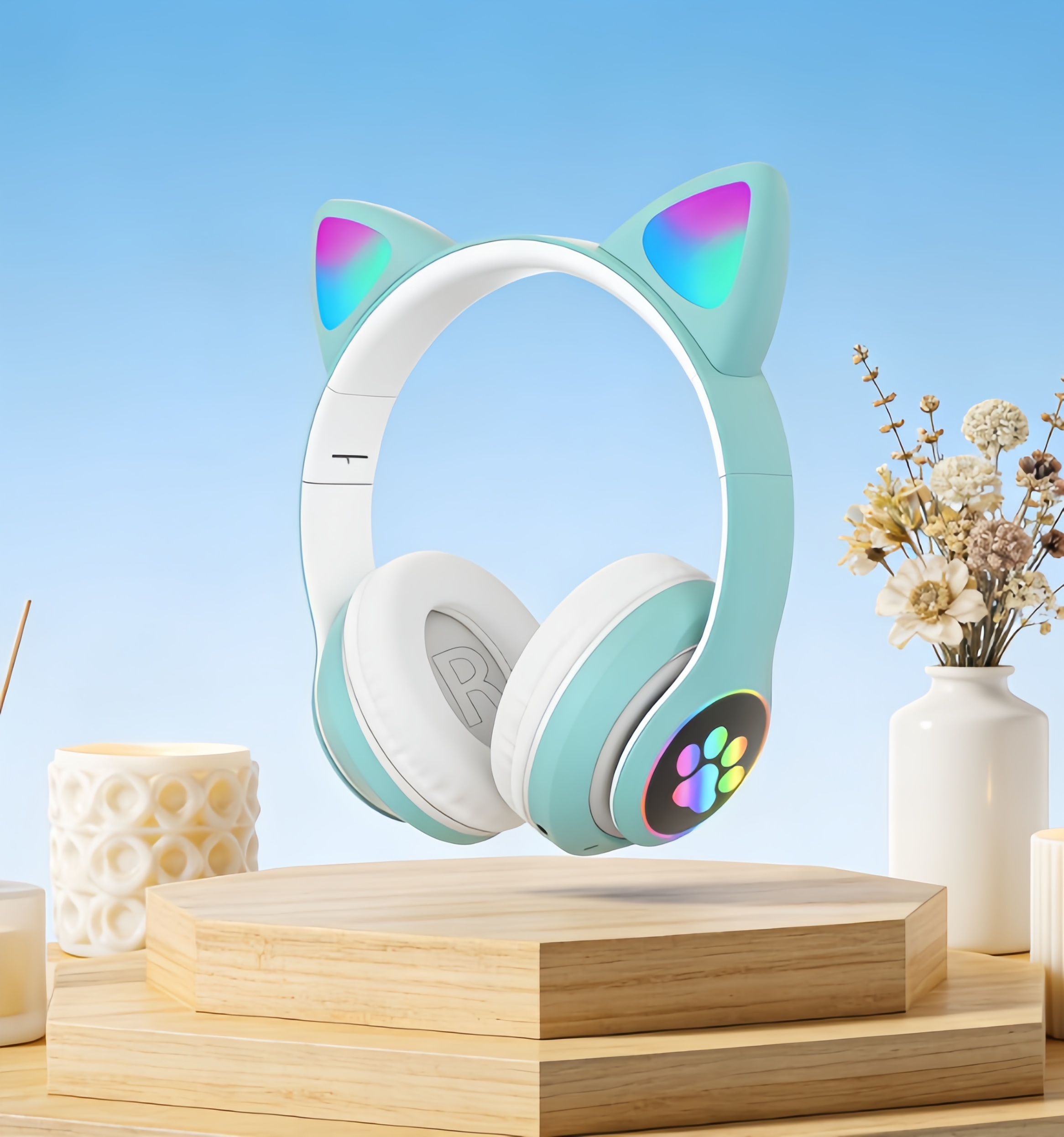Cute Cat Wireless Headphones RGB Cat Ears Headset with Microphone, Noise Cancelling for Enhanced Sound Experience