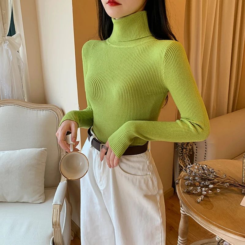 Autumn Winter Women's Ribbed Turtleneck Knit Sweater – Slim Fit Soft Warm Pullover