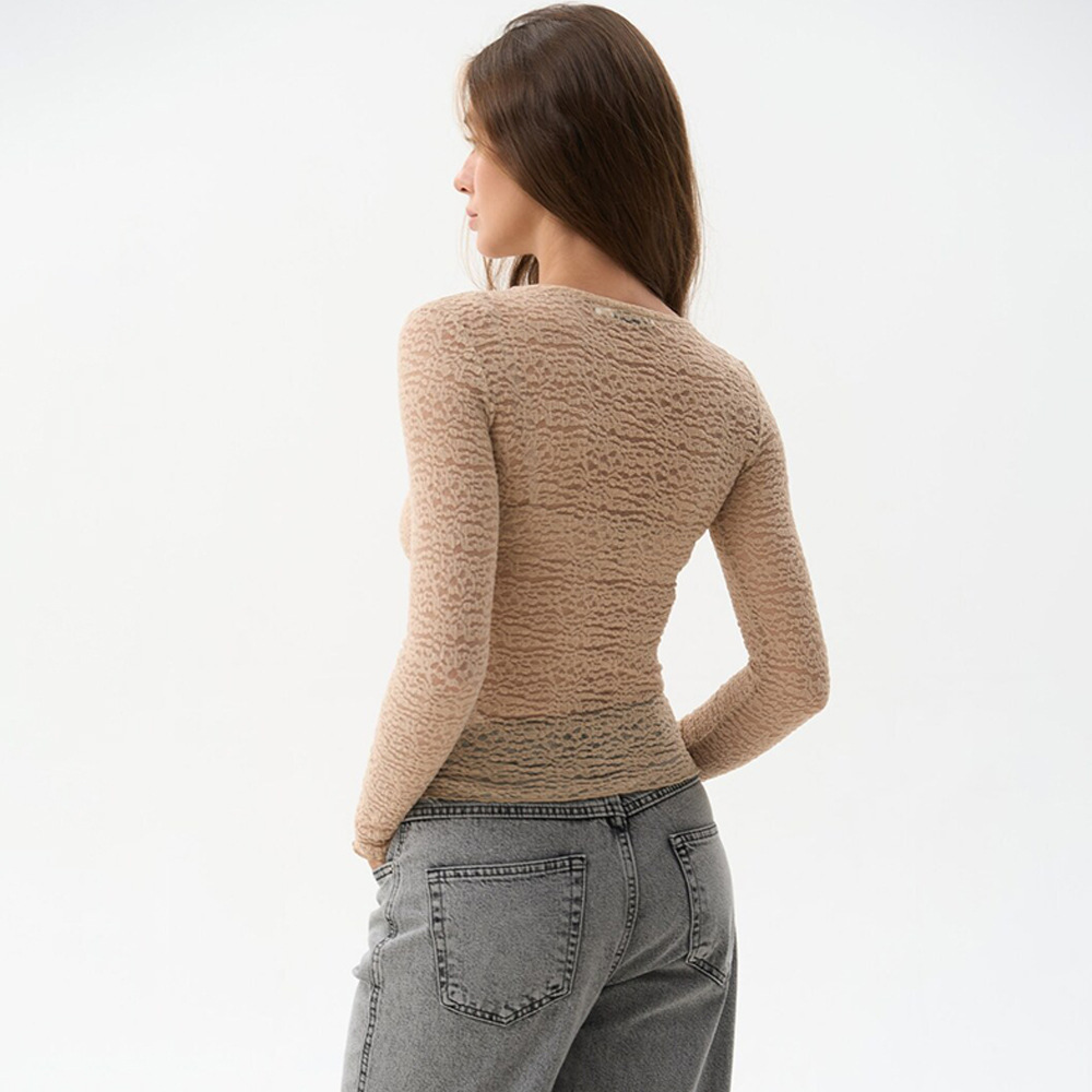 Women Sheer Lace Top Slim Fit Long Sleeve Round Neck Undershirt for Spring Casual Streetwear