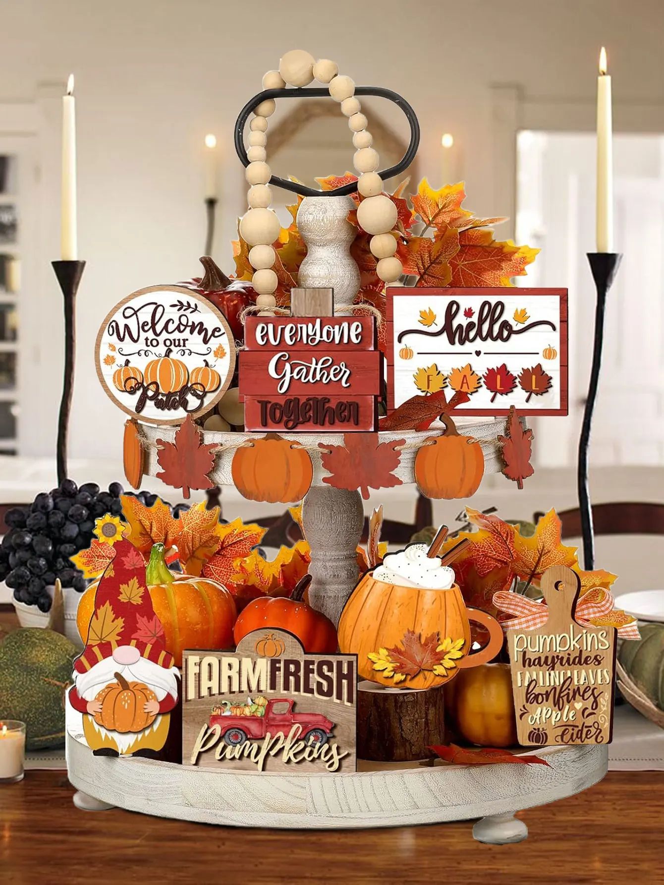 Fall Harvest Wooden Tiered Tray Decor Set for Farmhouse Autumn Display