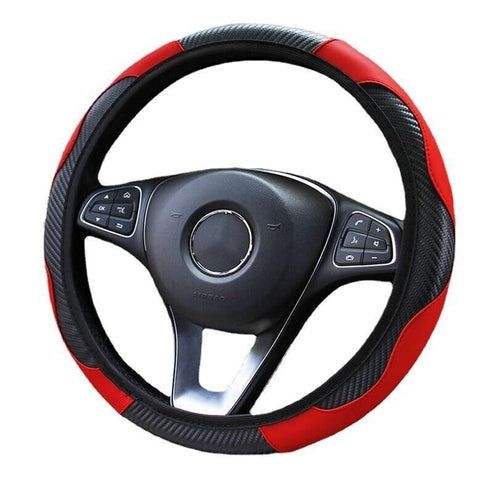 Red & Black Leather Car Steering Wheel Cover, Anti-slip Carbon Fiber, Universal Fit