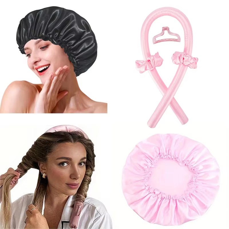 Satin Silk Hair Curler Sleeping Cap, Natural Curly Hair Headwrap Set, Long Hair Wave Care Tool