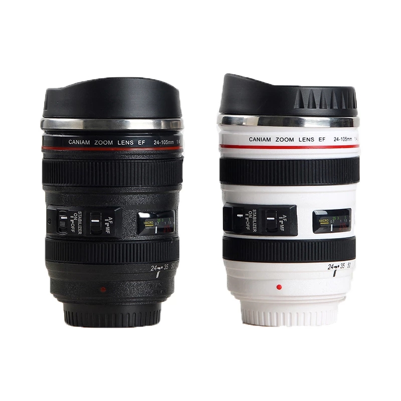 White and Black Camera Lens Mug - Stainless Steel EF24-105mm: Unique Coffee Cup Gift