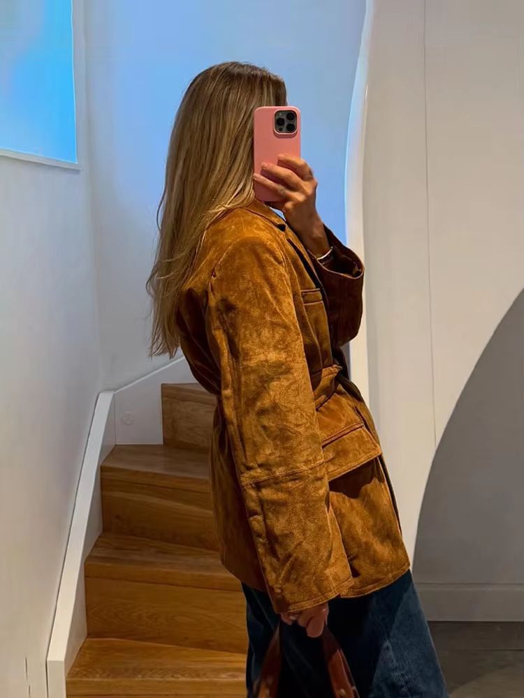 Elegant Women Casual Autumn Coat Lace Up Detail Turn Down Collar Jacket Long Sleeve Button Pocket Jacket