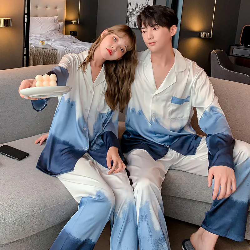 Long Sleeved Satin Pajamas Set for Couples Ice Silk Sleepwear Button Shirt Trousers Suit