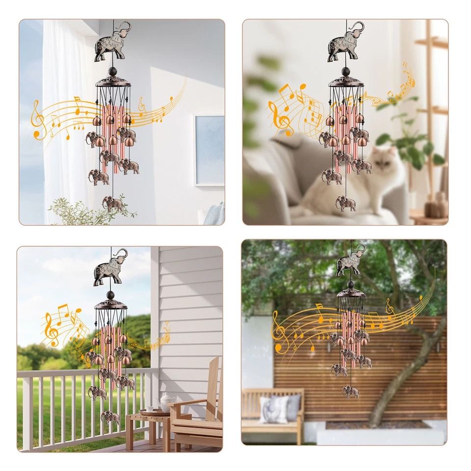 Elephant Wind Chimes, Metal Hanging Bells for Outdoor Garden Decor, Memorial Gift, Calming Sounds for Peaceful