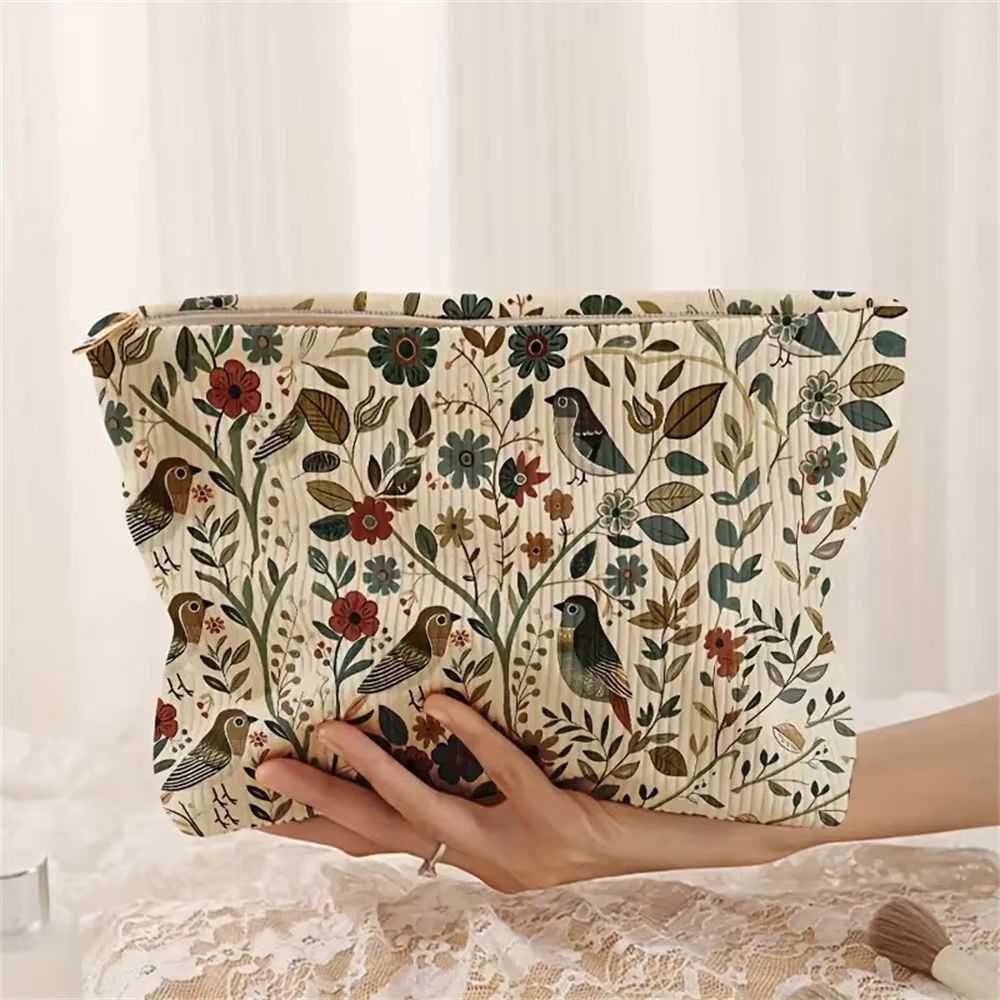 Corduroy Cosmetic Makeup Bag with Branch Bird Pattern