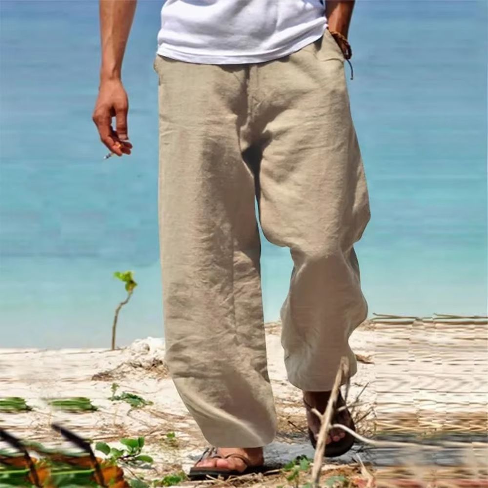 Breathable mens beach pants in Cotton-Linen - Loose Straight Summer Trousers