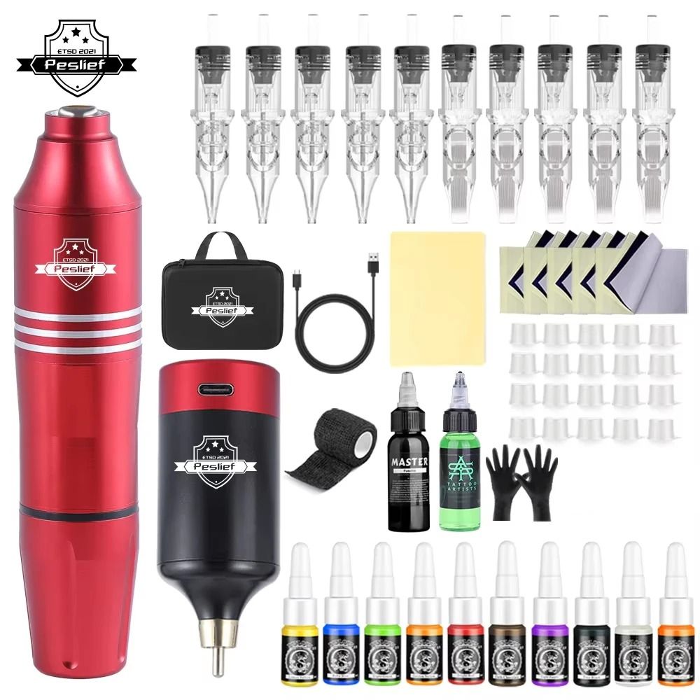Professional Wireless Rotary Tattoo Machine Kit with 10 Cartridge Needles Complete Set