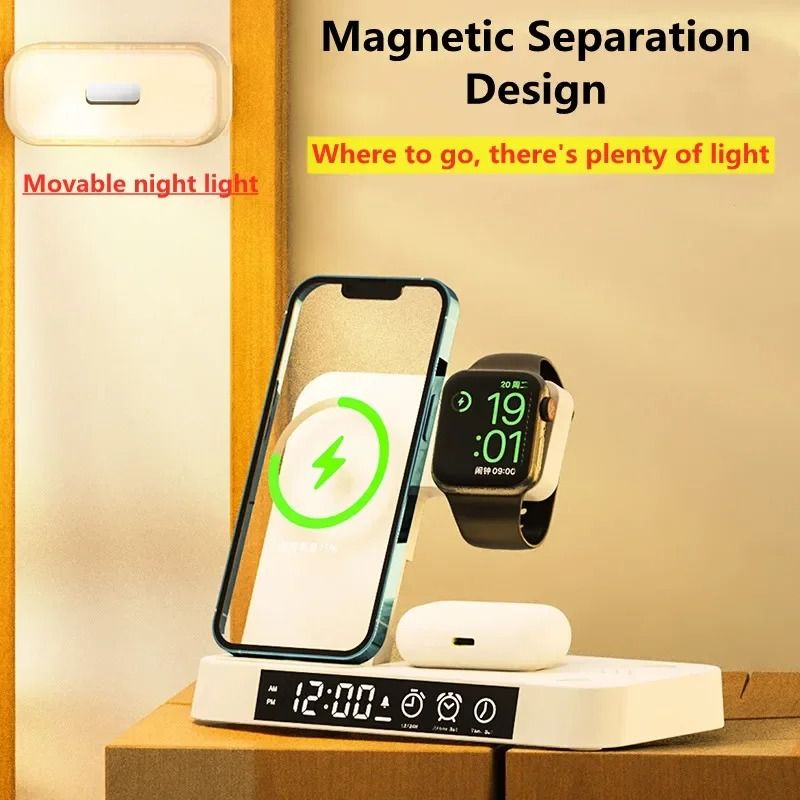 30W 3-in-1 Wireless Charging Stand Alarm Clock Night Light Station