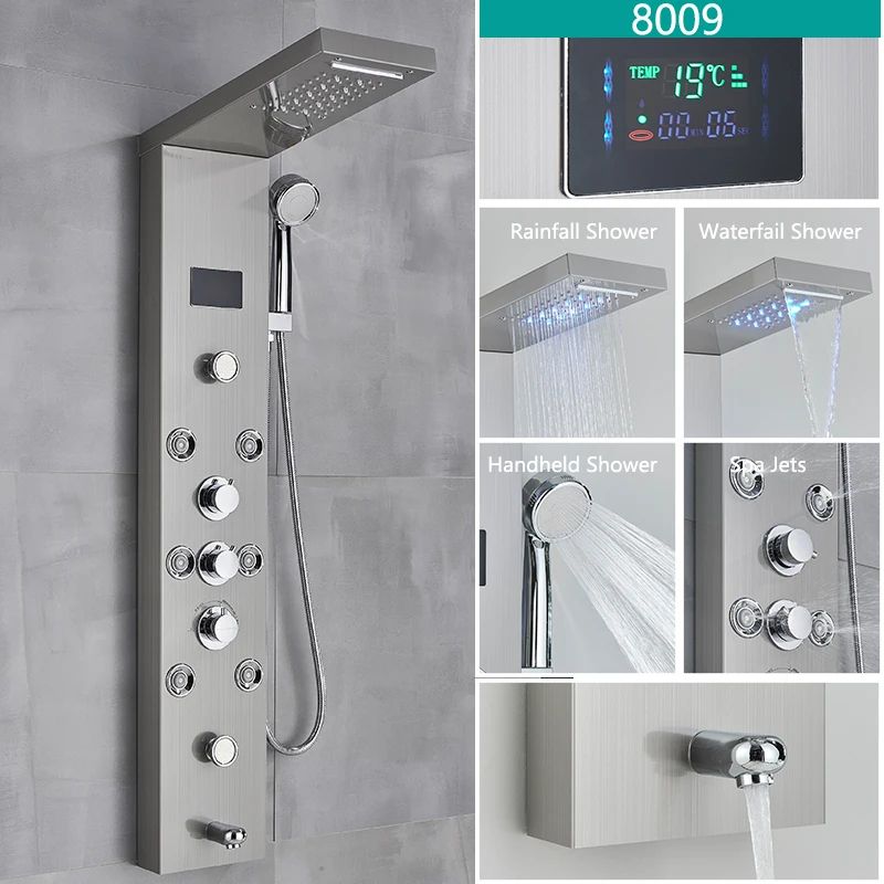 LED Light Bathroom Shower Faucet Set, Rainfall Panel System with Digital Temperature Display, Massage SPA Jets, and Bat