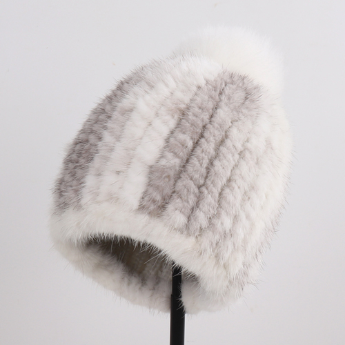 Winter Women Genuine Mink Fur Hat Hand Knitted Warm Cap with Real Mink Fur and Fox Fur Pompoms
