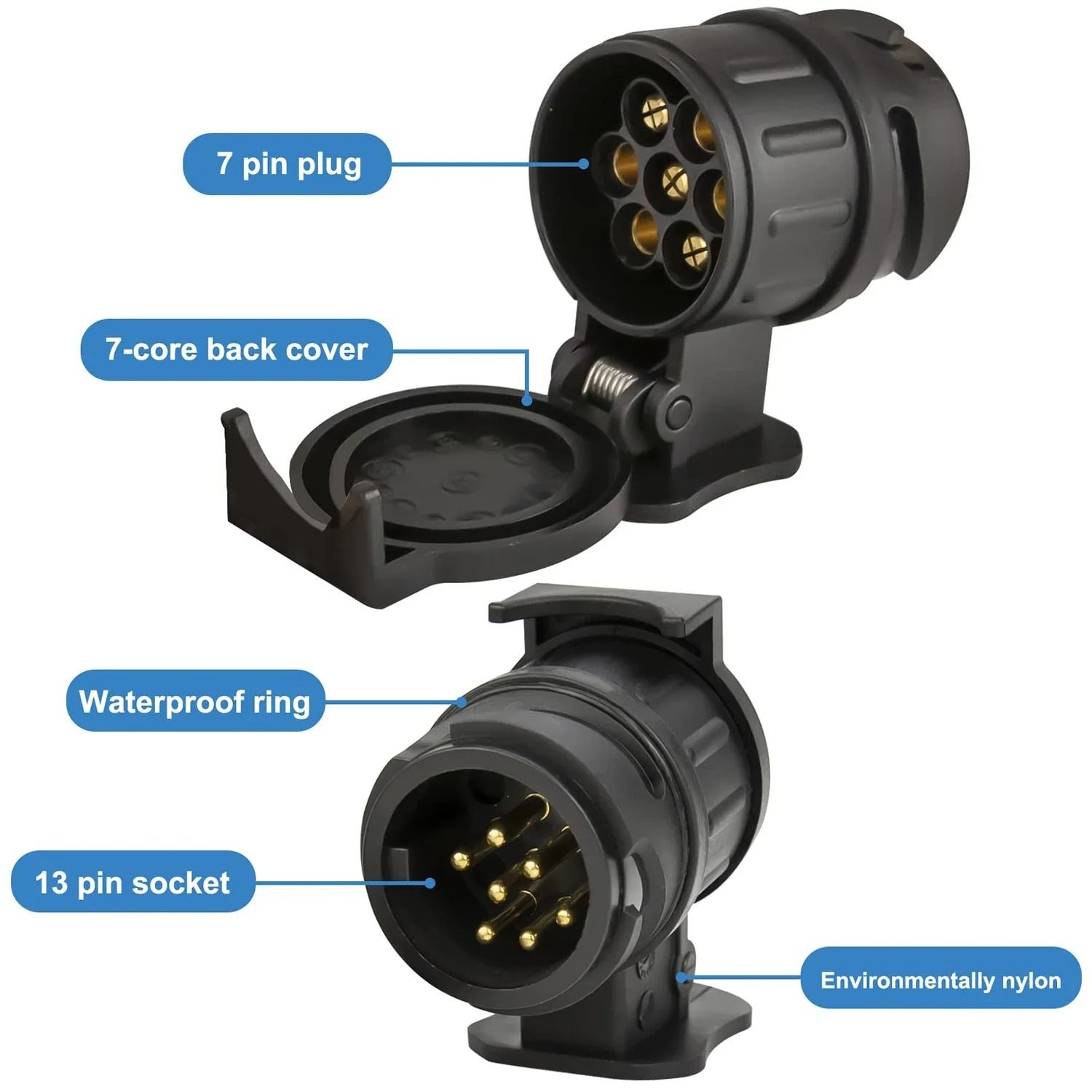 Trailer Adapter Plug to Convert 13 Pin Vehicle Socket to 7 Pin Trailer Connection