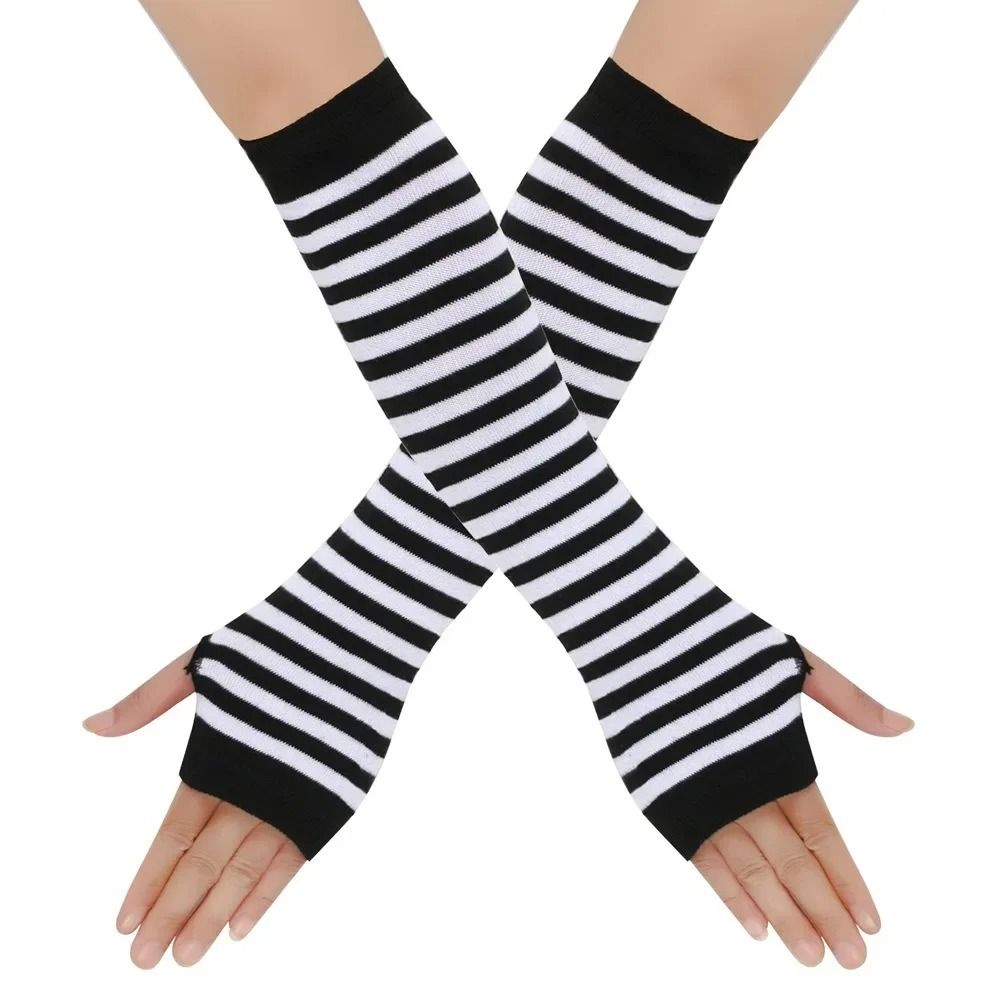 Warmer Knitted Long Fingerless Gloves Lady Striped Elbow Mittens