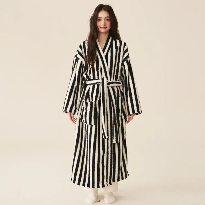 Thickened Flannel Robe & Pants Pajamas Set – Professional Autumn/Winter Striped Couples Home Clothes