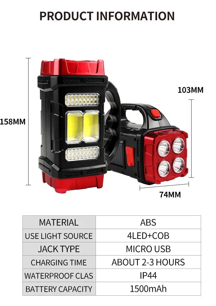 Solar Rechargeable Camping Light Portable LED Searchlight with Dual Light Source and USB Charging