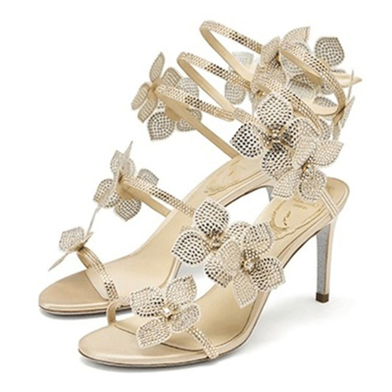 Sexy Crystal Flower Thin High Heels, Narrow Band Women Sandals, Ankle Strap Street Style Pole Dancing Ladies Shoes