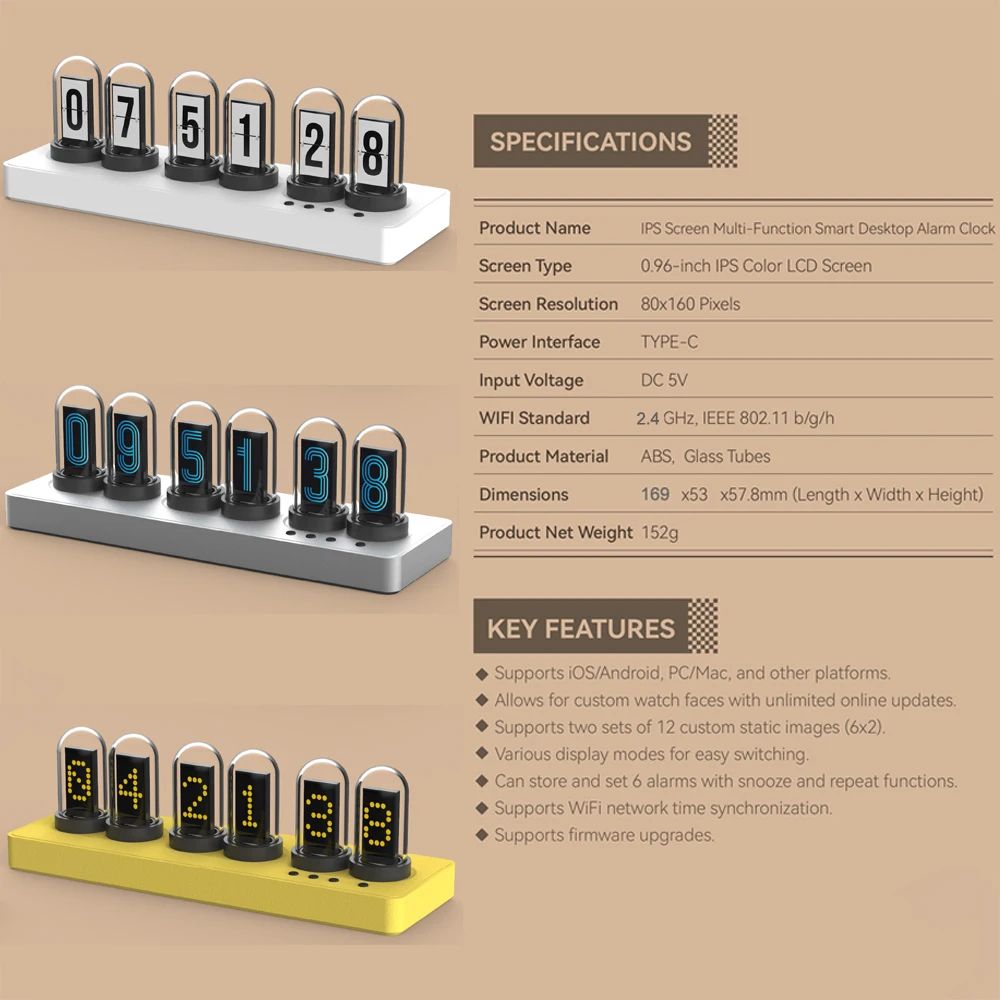 WiFi IPS Nixie Tube RGB Alarm Clock with DIY Display and Smart App Control