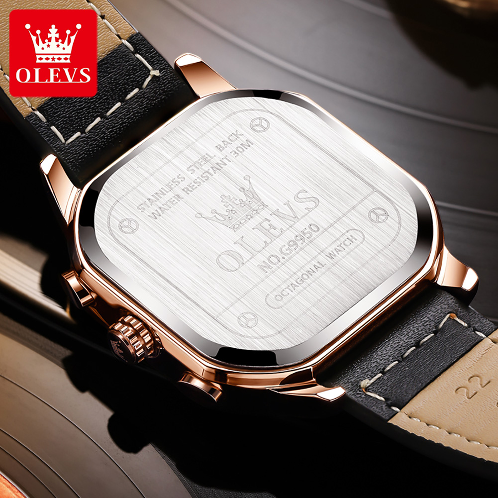 Square Waterproof Chronograph Quartz Watch, Trend Brand Original Men's Watches, Luminous Leather Strap Male Wristwatch