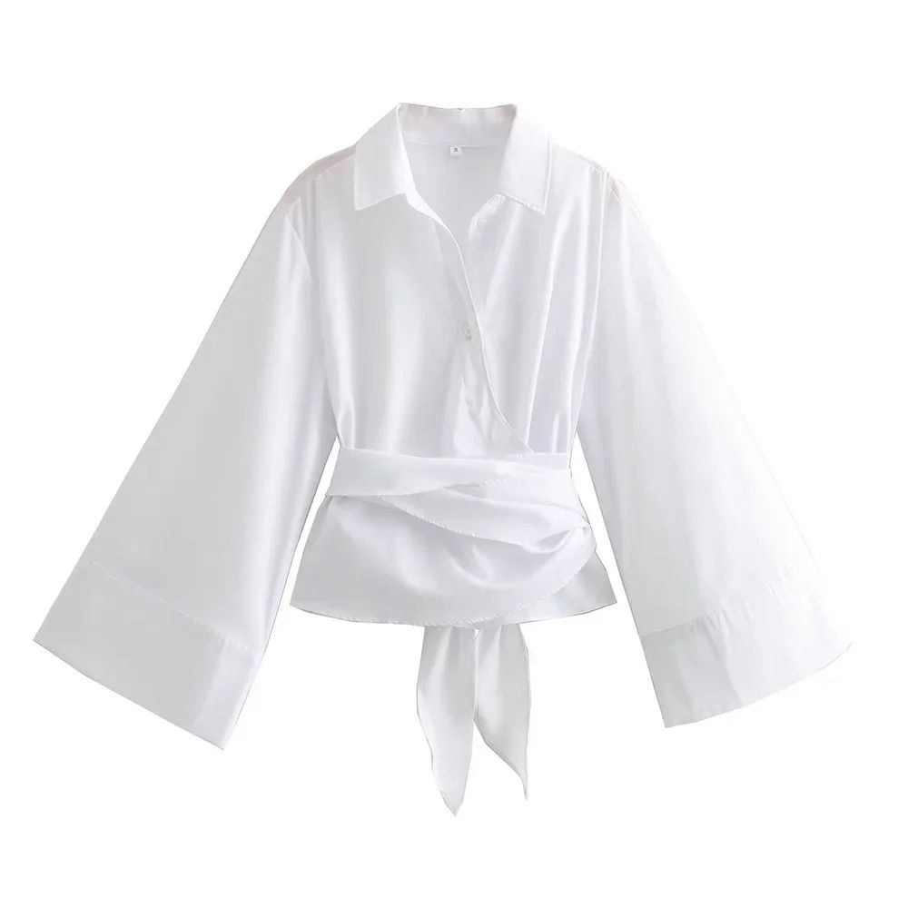 Womens Bow Tie Blouse Double Breasted Polo Collar Shirt Cropped Poplin Top