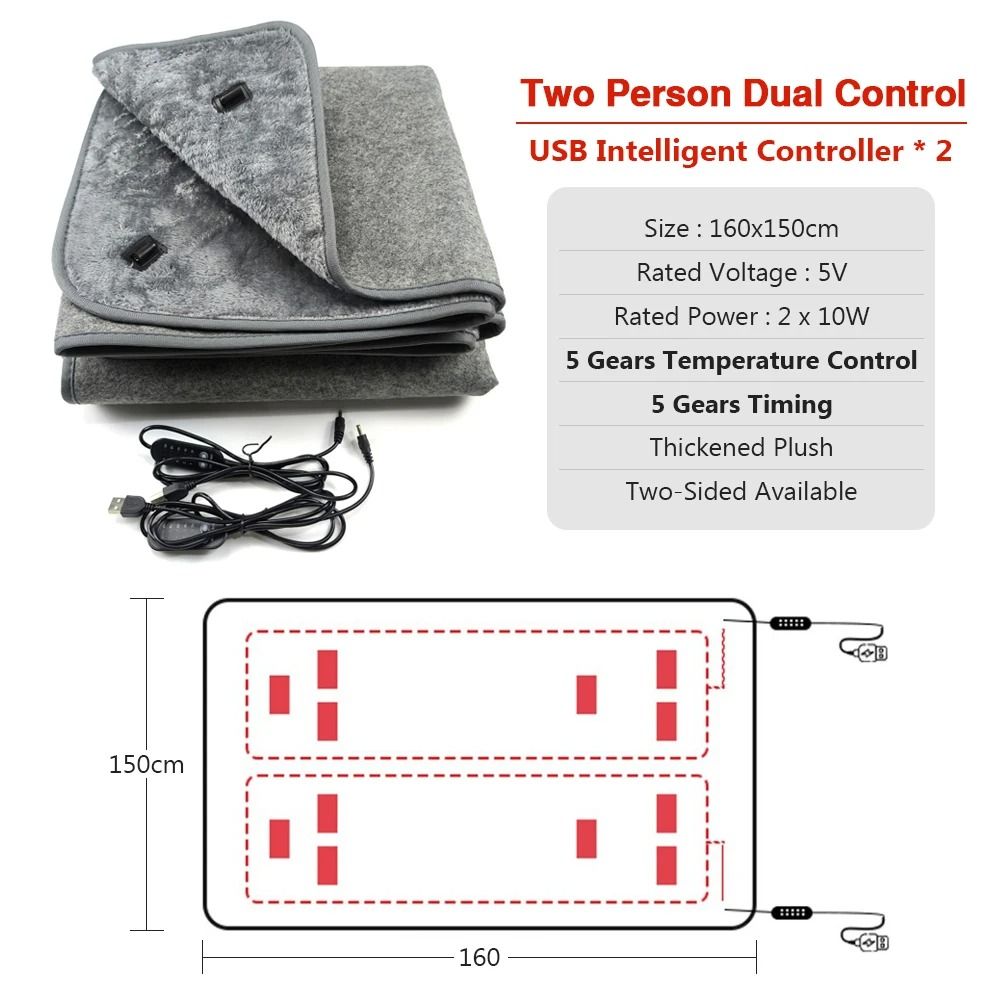 USB Electric Heating Blanket Plush Adjustable Heating Pad with Temperature Control and Timer